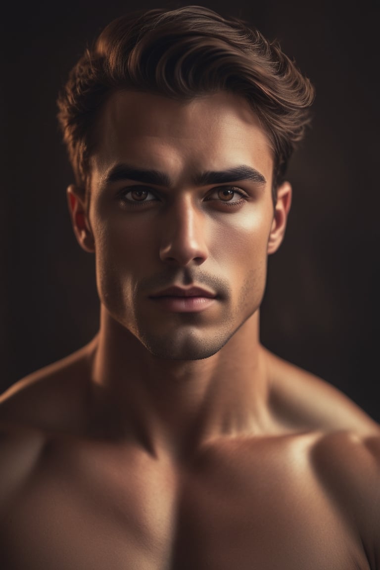 high waist potarait of a man , Amber hazel brown eyes, serious look on face a character portrait, shirtless inspired by Charlie Bowater, & a dark, sk, build body, muscles grainy cinematic, godlyphoto r3al, detailmaster2, aesthetic portrait, cinematic colors, earthy, moody 