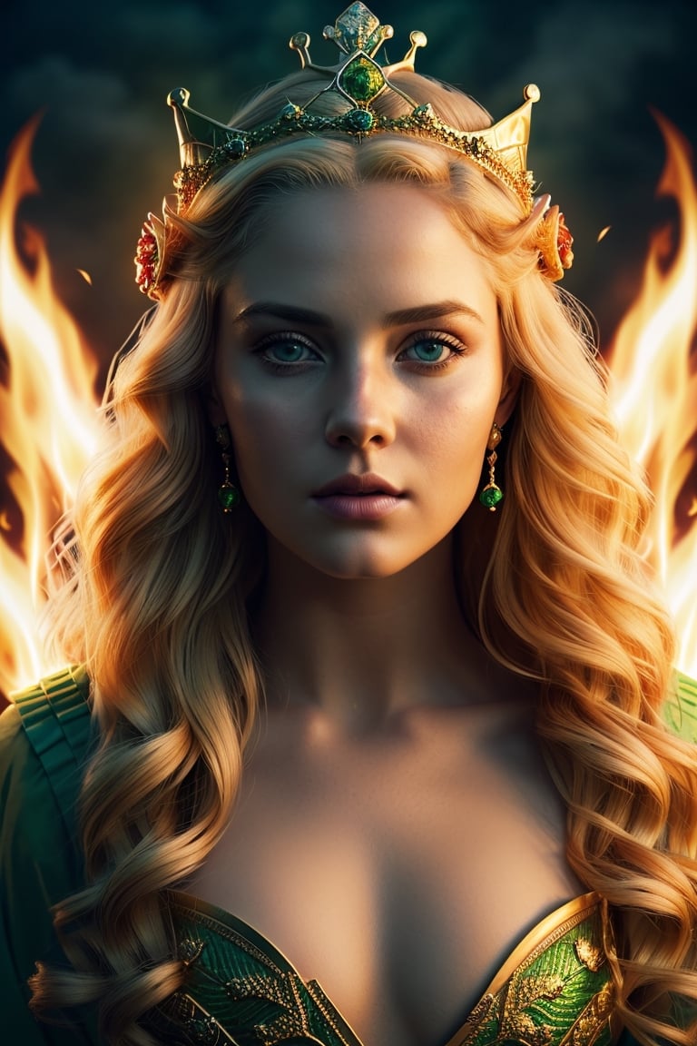 a beautiful blonde. girl ((beautiful sductive round face)))), green eyes, beautiful wavy hair, blowing hair, green eyes, wearing a ((((crown of fire,)))))((((first crown))))first power in hand, wearing green flowing gown,((beautiful face, cinematic vibesultra detailed, masterpiece, 8k.cinemtic look , grainy cinematic, fantasy vibes  godlyphoto r3al,detailmaster2,aesthetic portrait, cinematic colors, earthy , moody,  