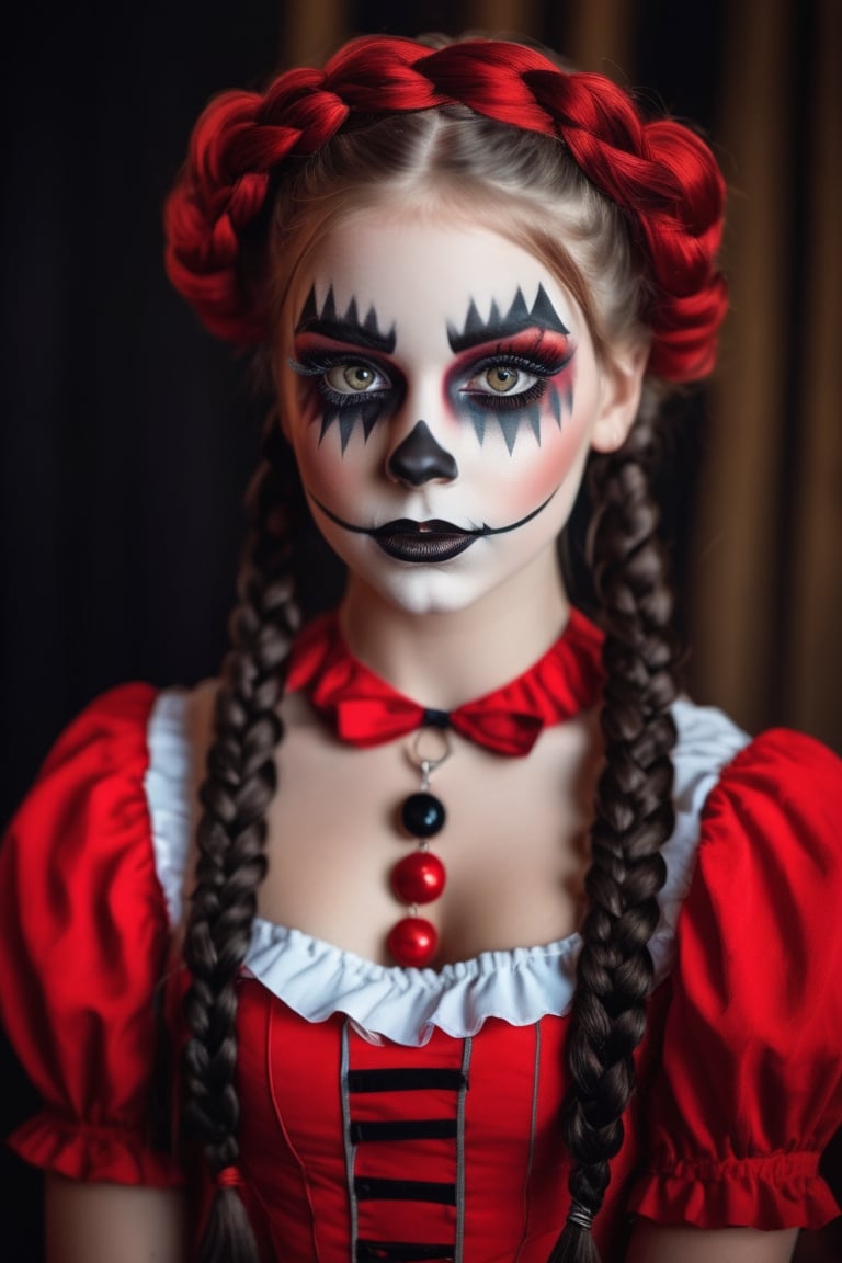 photography, a beautiful girl, brown eyes,wearing a red doll dress,long black braided braids, , wearing creepy doll makeup, inocent eyes, beautiful and creepy, circus doll ,