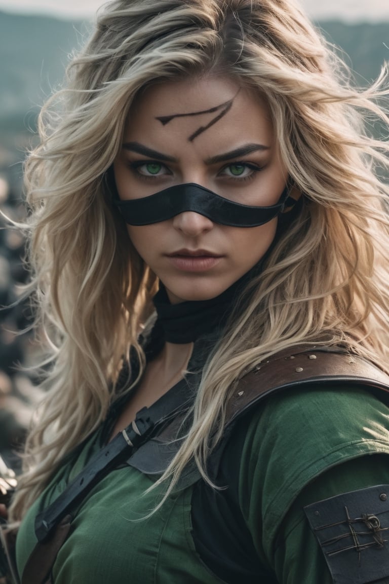 a blonde female assassin , face cover with mask, , long wavy hair,2 katana Kombat behind her, combat,assassin clothes, green eyes, cinematic vibesultra detailed, masterpiece, 8k.cinemtic look , grainy cinematic, fantasy vibes  godlyphoto r3al,detailmaster2,aesthetic portrait, cinematic colors, earthy , moody,  