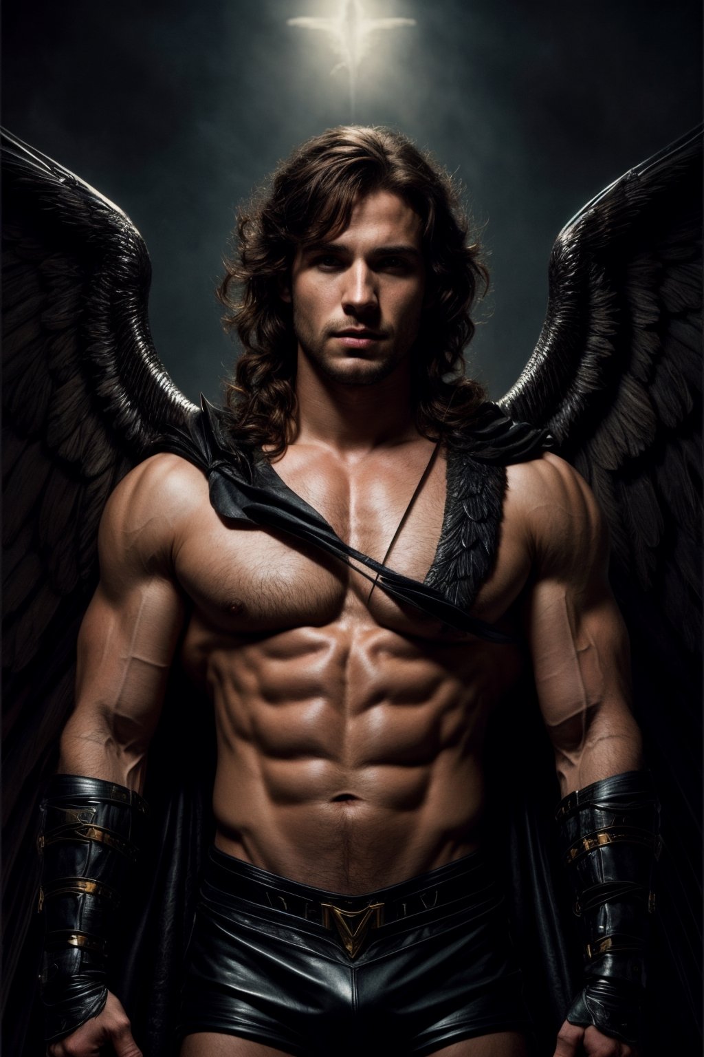 photorealistic portrait of a muscular male angel hiding behind his big black bat like wings, large wings, highly detailed portrait, atmospheric lighting, high quality, 4 k, by leonardo gallagher ich parrish, tom bagshaw, smooth, sharp focus, by gaston bussiere  and j