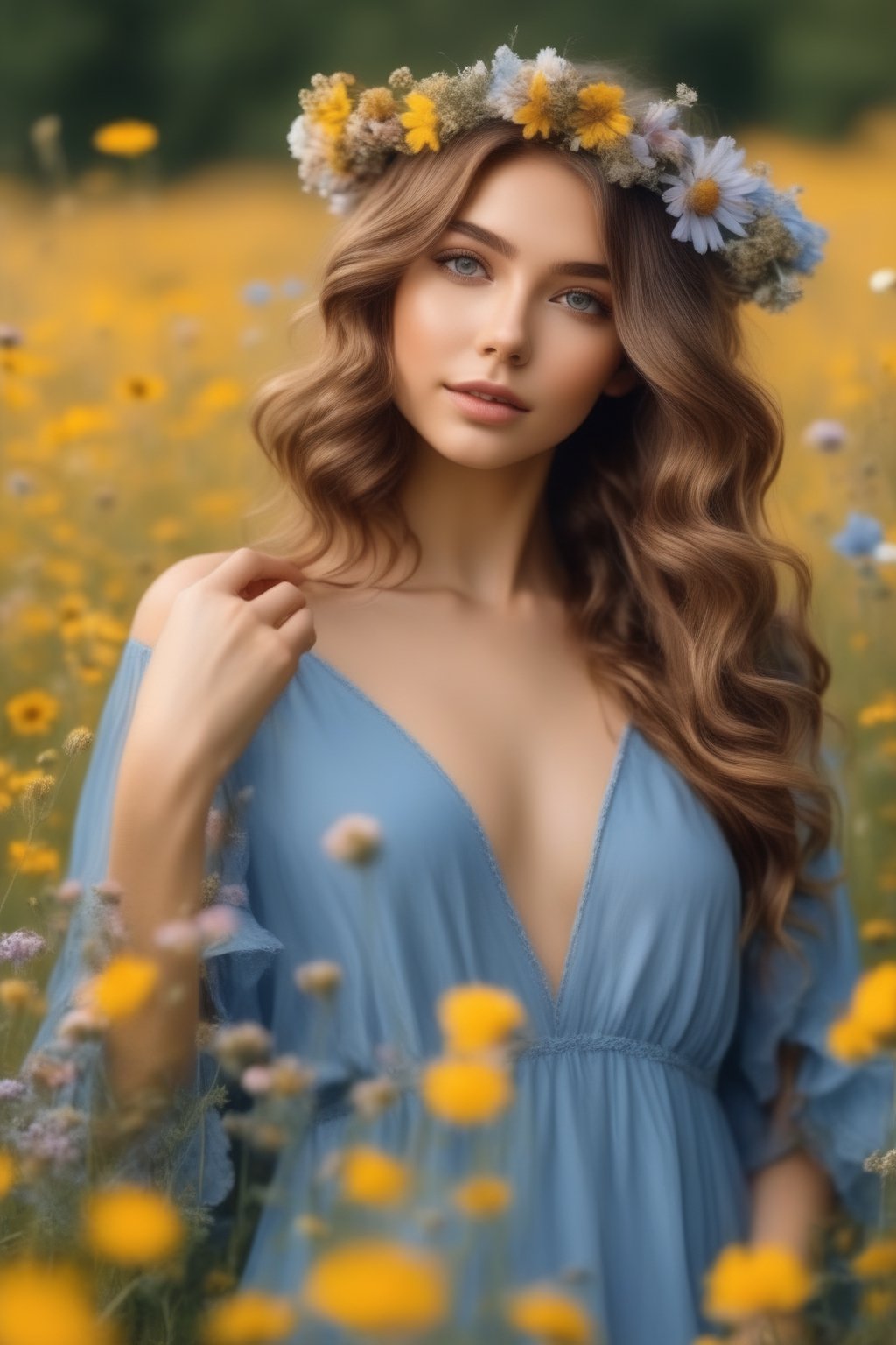 Amid a field of wildflowers, a beautiful girl with golden brown hair, long wavy hair,woman radiates free-spirited charm,s, kernel blue flowing dress,Her hair is adorned with a floral headband, and her makeup features earthy tones and a soft