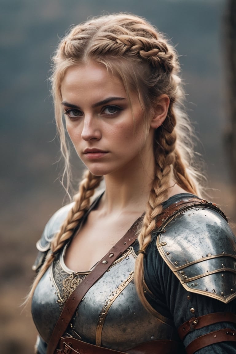 a beautiful javlin female warrior in armor , medieval warrior, golden hair in one simple braid, swaying a sword, blood on her, brown eyes background grainy cinematic,  godlyphoto r3al,detailmaster2,aesthetic portrait, cinematic colors, earthy , moody,  