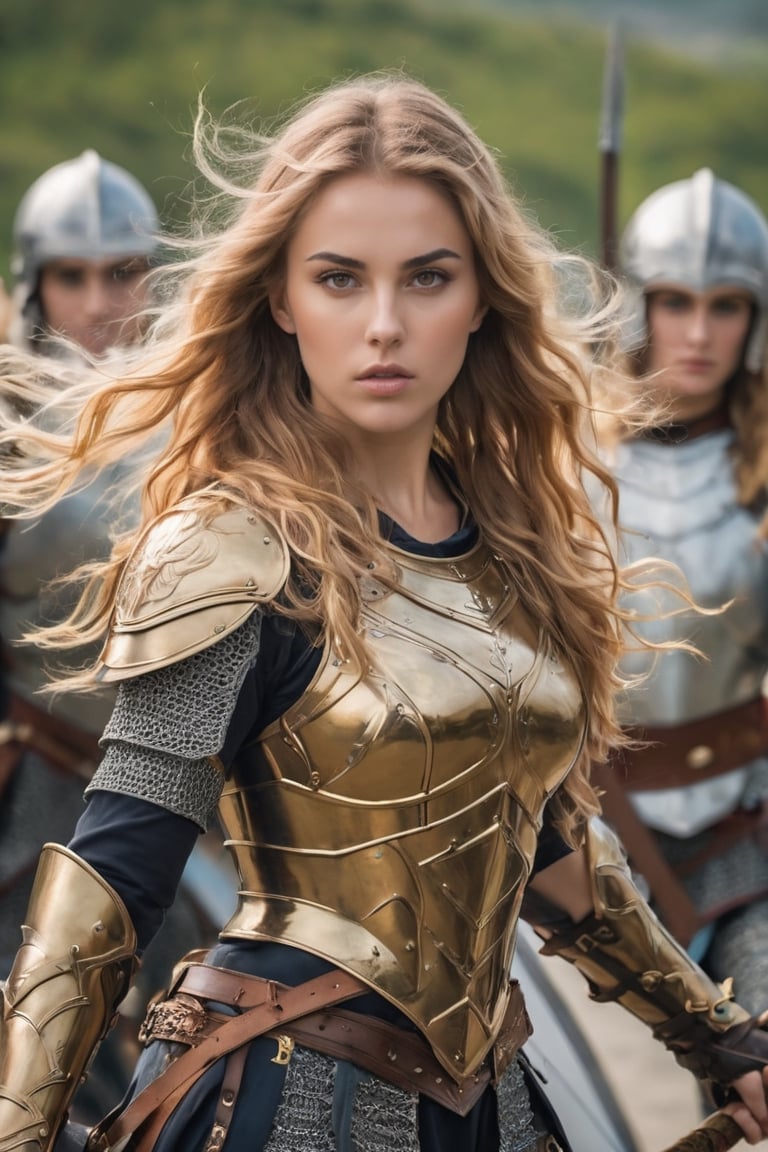 Medieval army with javelin running. armor girl fight. beautiful faces , brown eyes,, long golden blonde wavy hair. wearing warrior armor holding a sowrd ,war in background 