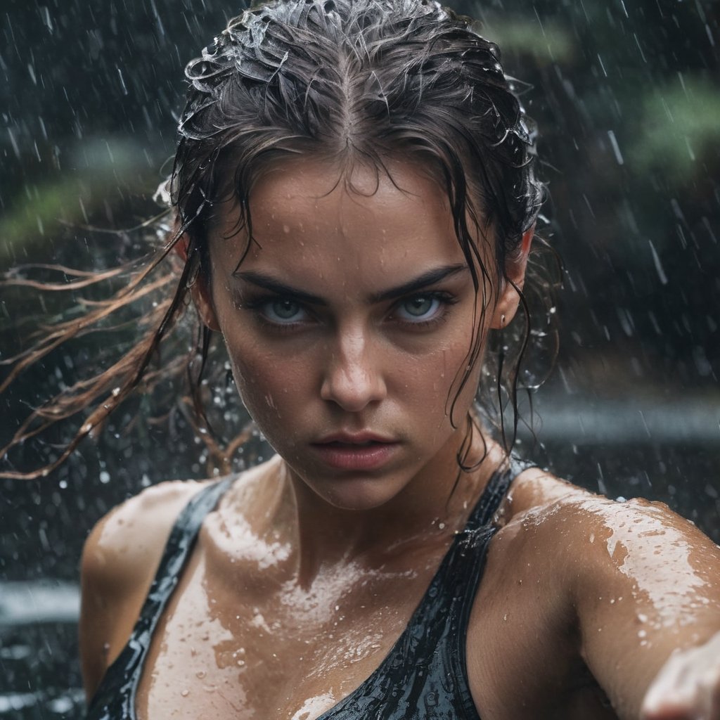 close up of a beautiful girl, grey eyes, fierce look in eye, angry, drenched in water, angry looking at camera pointing a finger towards camera, dark background, she point at camera ae death promise,wet hair , ultra detailed, masterpiece, 8k.cinemtic look  grainy cinematic, fantasy vibes  godlyphoto r3al,detailmaster2,aesthetic portrait, cinematic colors, earthy , moody,  