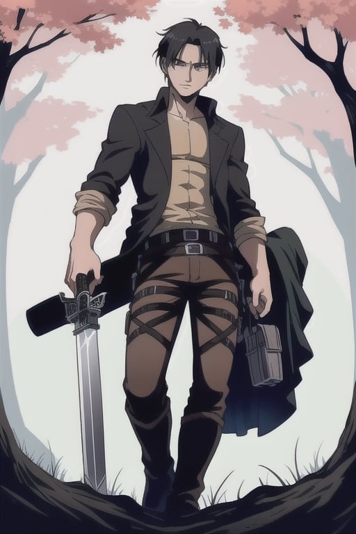 (Perfect body), 1 boy ,Best Quality, (( hair)), (black hair),  good fingers,  good hands, best eyes, full body view , in a tall tree,  AttackonTitan , sword
