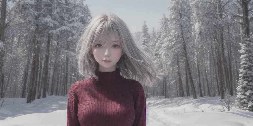 ((best quality)), ((masterpiece)), (detailed), photorealistic highly detailed 8k photography, White hair, detailed, red eyes, windy, floating hair, snowy, upper body, red sweater, detailed face, winter, trees, sunshine, midriff 23680387,girl
