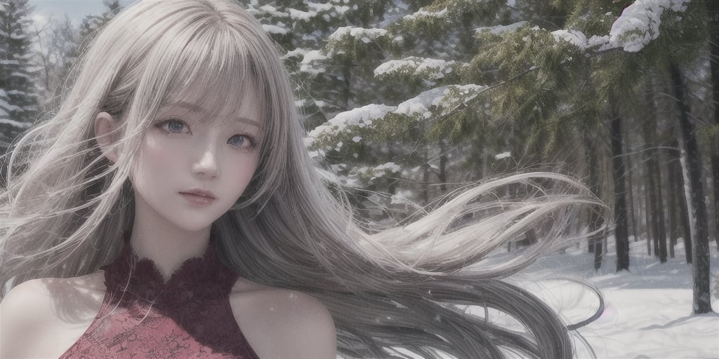 ((best quality)), ((masterpiece)), (detailed), photorealistic highly detailed 8k photography, White hair, detailed, red eyes, windy, floating hair, snowy, upper body, red dress, detailed face, winter, trees, sunshine,girl
