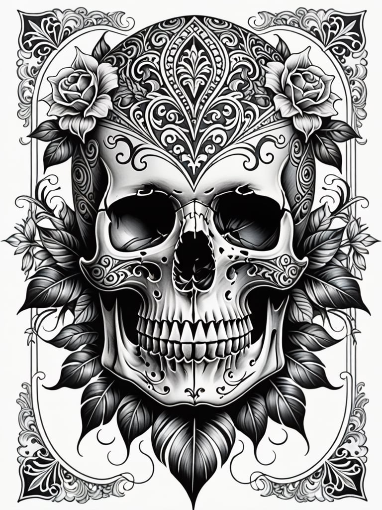A mesmerizing masterpiece of a skull tattoo, meticulously detailed in an intricate ink style. The artwork dominates the frame on a crisp white background, with bold lines and shading that seem to leap off the page. A masterclass in tattoo art, the design exudes confidence and strength.