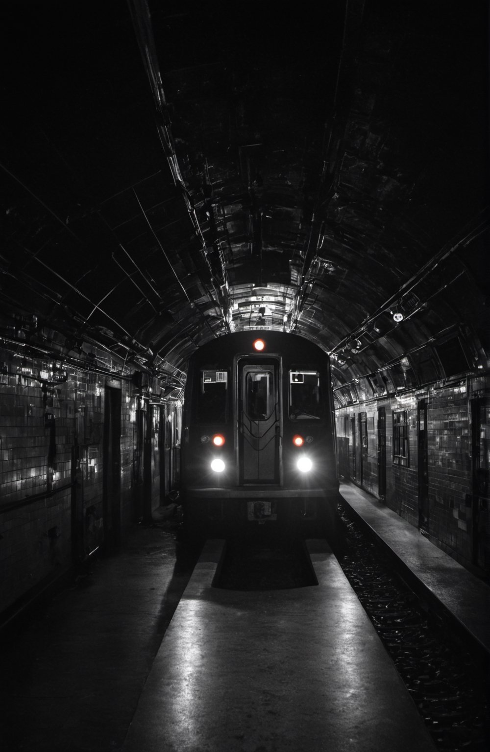 Underground train, dark all around, dreamy atmosphere, contrast, front angle of the subway, you see the train from the outside, style raw.