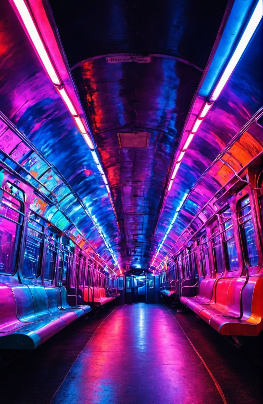 Underground train, all around full of colored lights, dreamy atmosphere, contrast, style raw.,night city