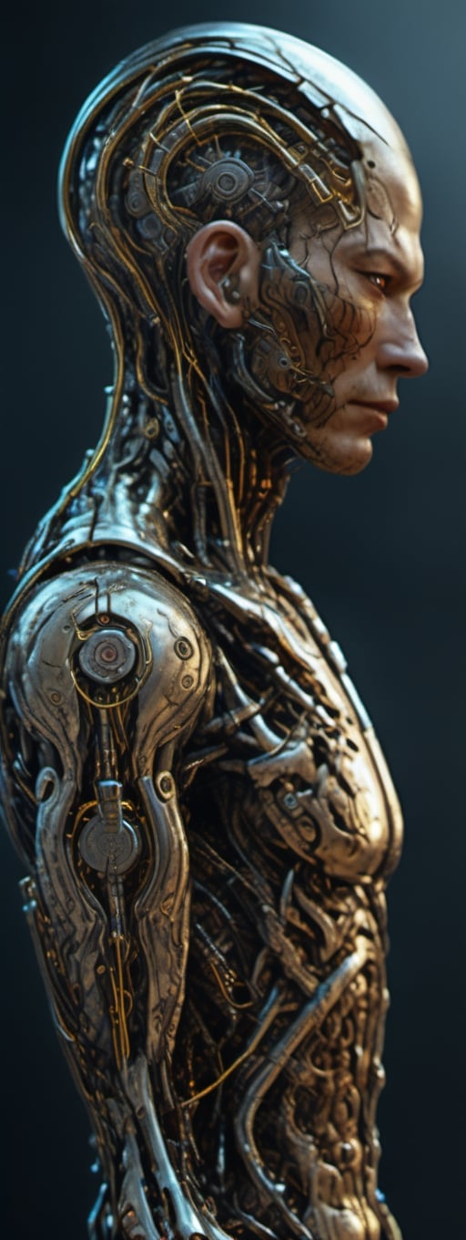 biomechanical silver android, golden wires, water dripping, highly detailed cyberpunk, sisyphean