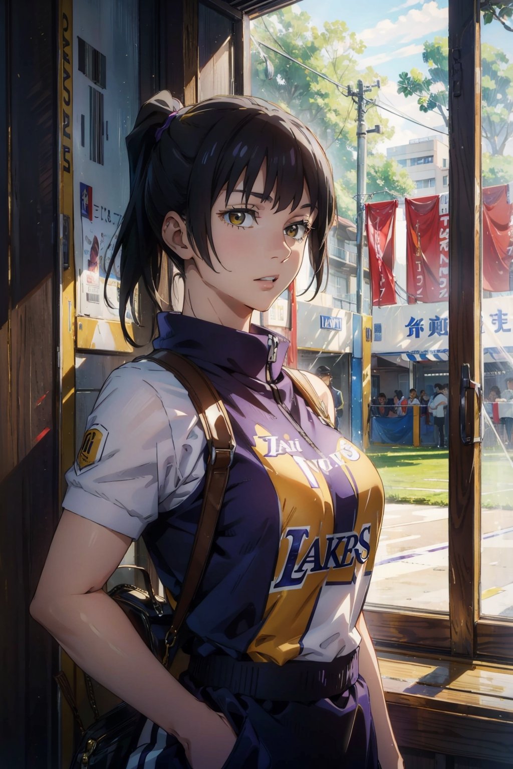 ((Masterpiece)),highly detailed,1_girl,beautiful,wearing lakers uniform,yellow uniform,medium breast,zenin_maki