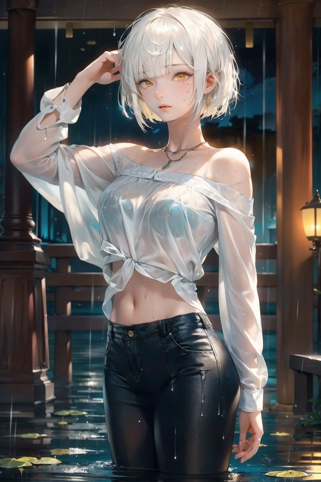 girl, single, tall image, looking at viewer, blush, fringe, highres, short hair, light erotic, standing, yellow eyes, white hair, indoors, blunt bangs, long sleeves, arm up, off shoulder, mole, navel, shirt,standing in rain,water drops,wet