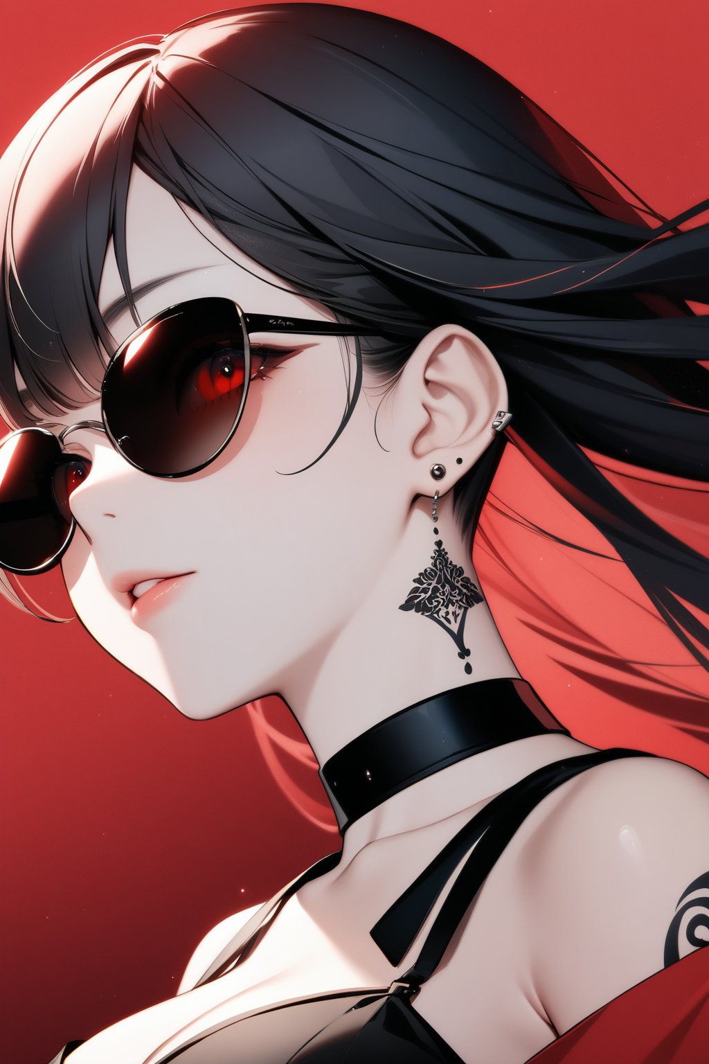 BEST QUALITY, HIGHRES, ABSURDRES, HIGH_RESOLUTION, MASTERPIECE, SUPER DETAIL, HYPER DETAIL, INTRICATE_DETAILS, PERFECTEYES, DARK EYELASHES, EYELINER, SOFT GLOWING EYES, 64K, SCORE_9, SCORE_8_UP, SCORE_7_UP,

red_background, tattoo, 1girl, jewelry, earrings, solo, black_hair, arm_tattoo, upper_body, simple_background, shoulder_tattoo, necklace, red_theme, looking_at_viewer, chest_tattoo, breasts, sunglasses, parted_lips, dress, choker, facial_tattoo, closed_mouth, cleavage, black_dress, ear_piercing, lips, long_hair, full_body_tattoo, collarbone, see-through, piercing, neck tattoo, (looking up:1.2), portrait,