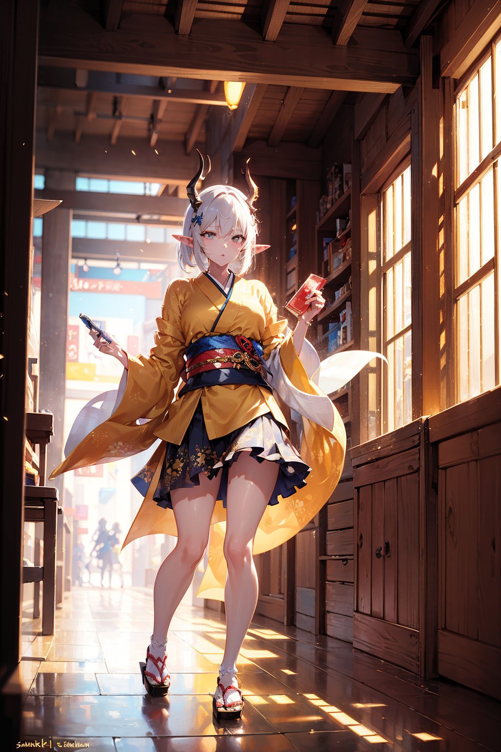 A girl with white skin, her hair straight long from dark brown to light brown from top to bottom, with elf ears and dragon horns, wearing a beige kimono skirt with a short skirt, and golden eyes, sakimichan, wlop, loish, artgerm, golden hour, 8k, soft lighting aesthetic, edge-to-edge print, volumetric lighting, action pose, extremely detailed natural texture, masterpiece, absurdres, depth of field, extremely detailed, amazing, fine detail, rich colors, dramatic lighting, unrealengine,