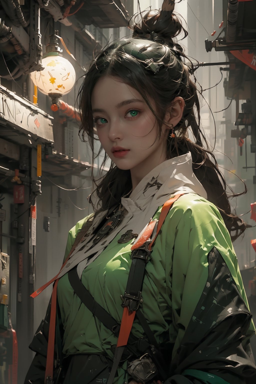 (masterpiece+artwork+best quality+better), (extremely detailed 8k CG unity wallpaper), (environment details+detailed particles), {a cute girl+dark skin+intense+bright green detailed eyes}, [cute place background+soap bubbles+rustic lighting+steampunk+cyberpunk clothes], 