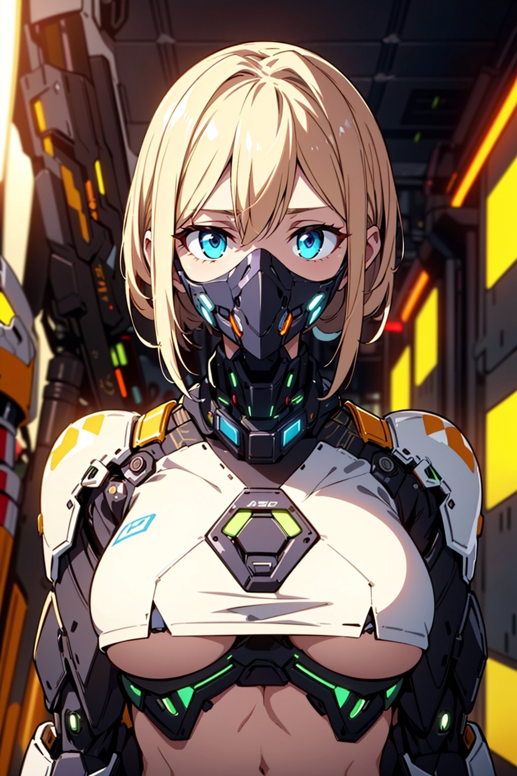 cgmech, (face mask, menpo), upper body, underboob, portrait, robot,white orange armor, white shimmering hair, neon light, 8K, RAW, best quality, masterpiece, ultra high res, colorful, (medium wide shot), (dynamic perspective), sharp focus , (depth of field, bokeh:1.3), extremely detailed eyes and face, beautiful detailed eyes,large breasts,(black gold, trimmed gear:1.2),(In a futuristic weapons factory:1.2), ((masterpiece, best quality)), Detailed background, spaceship interior