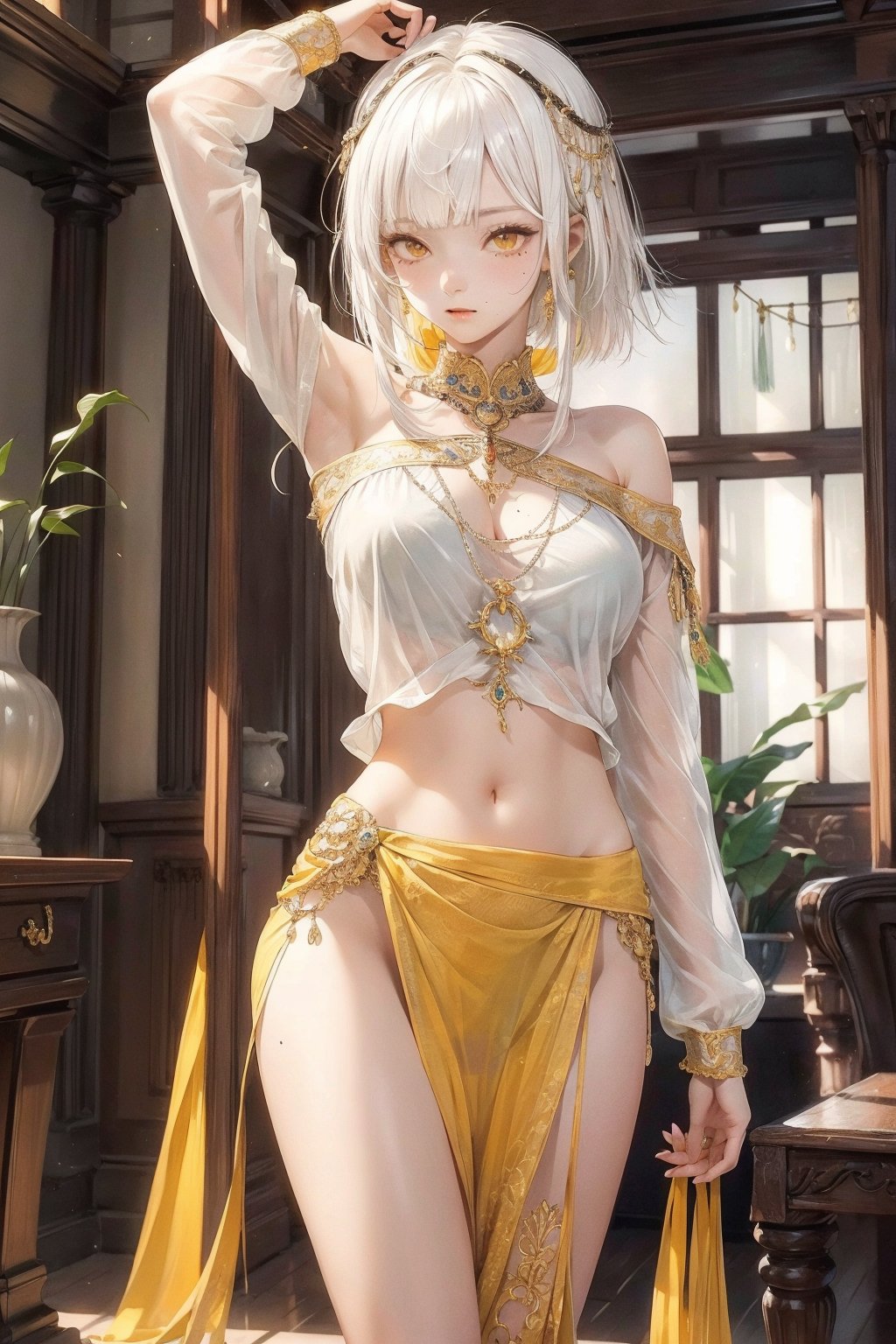 girl, single, tall image, looking at viewer, blush, fringe, highres, long hair, light erotic, standing, yellow eyes, white hair, indoors, blunt bangs, long sleeves, arm up, off shoulder, mole, ((pelvic curtain)),, navel, shirt