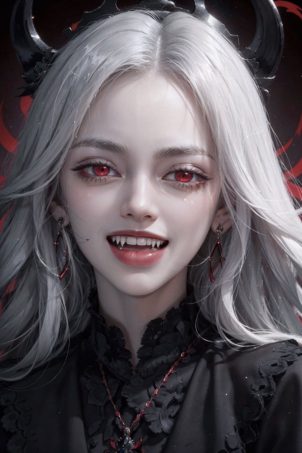 close up portrait of a vampire girl,detailed black crown on her head,white hair flowning,red background,while smiling,big crown,red eyes,evil look,evil gaze.black earings,black rings,evil laugh,smile,YAMATO,fangs,yaemikodef