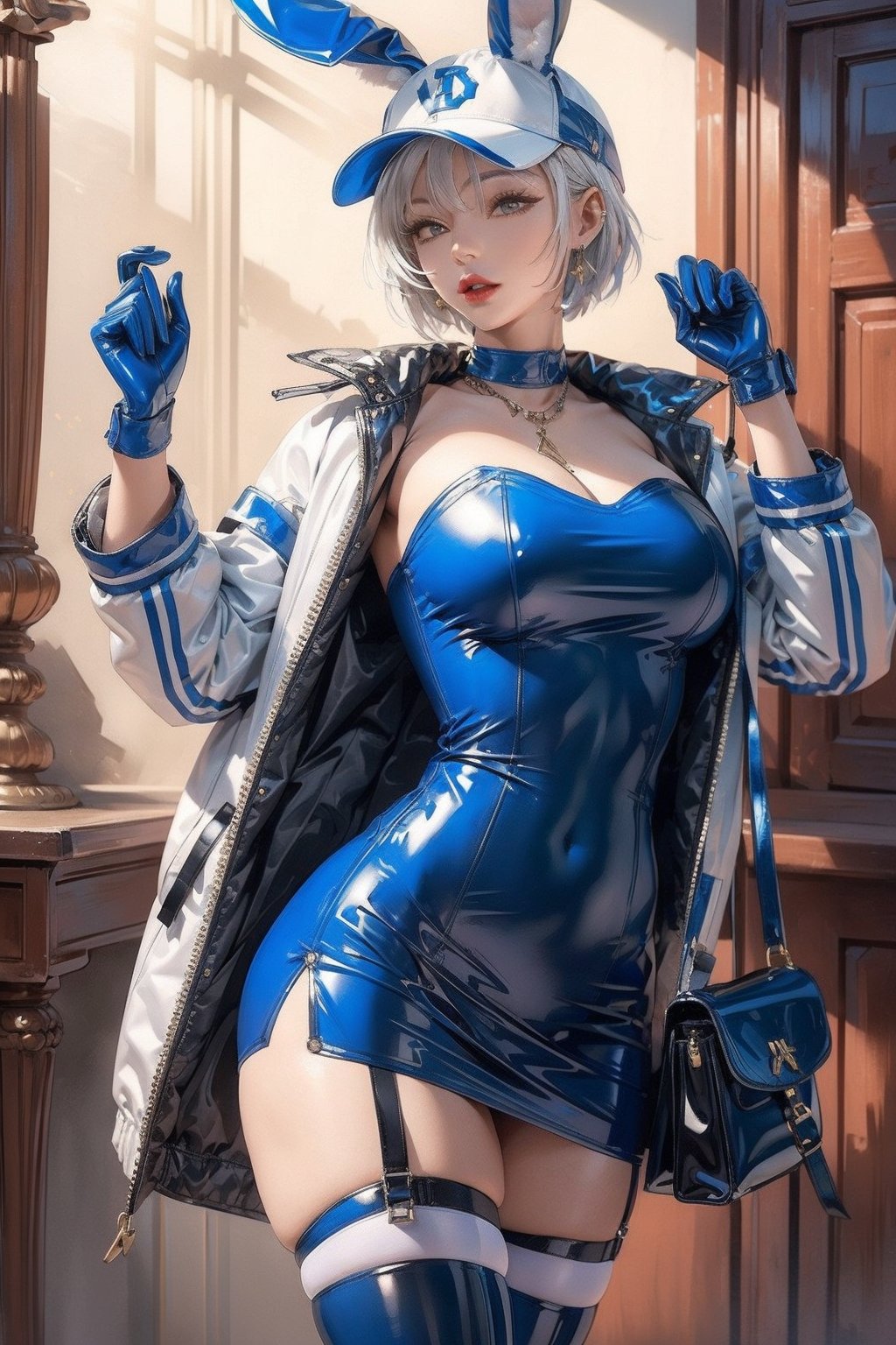 a girl,beautifil,wearing a blue and white latex dress with a short white jacket,gloves,neck,thighs,sexy,thigh straps,white garter,baseball cap,leaning,short hair,lipstick,thigh bag,bunny ears,posing for photoshot,seducitve pose