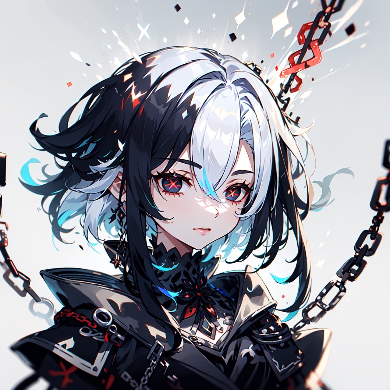 masterpiece, best quality, ultra-detailed, 1girl, hair (white, floating, long), detailed face , beautiful red eyes, a long minimalist white dress , light witch,  light particles, light rays, background (large chains as red as blood),midjourney,chibi,enna,x-shaped pupils, multicolored hair, black hair, symbol-shaped pupils,Arlecchino(genshin impact), (((x shaped pupils))), 1girl, solo, black hair, ((multicolored hair)), red pupils, (((x-shaped pupils))), symbol-shaped pupils, short hair, ((white hair)), hair between eyes, streaked hair