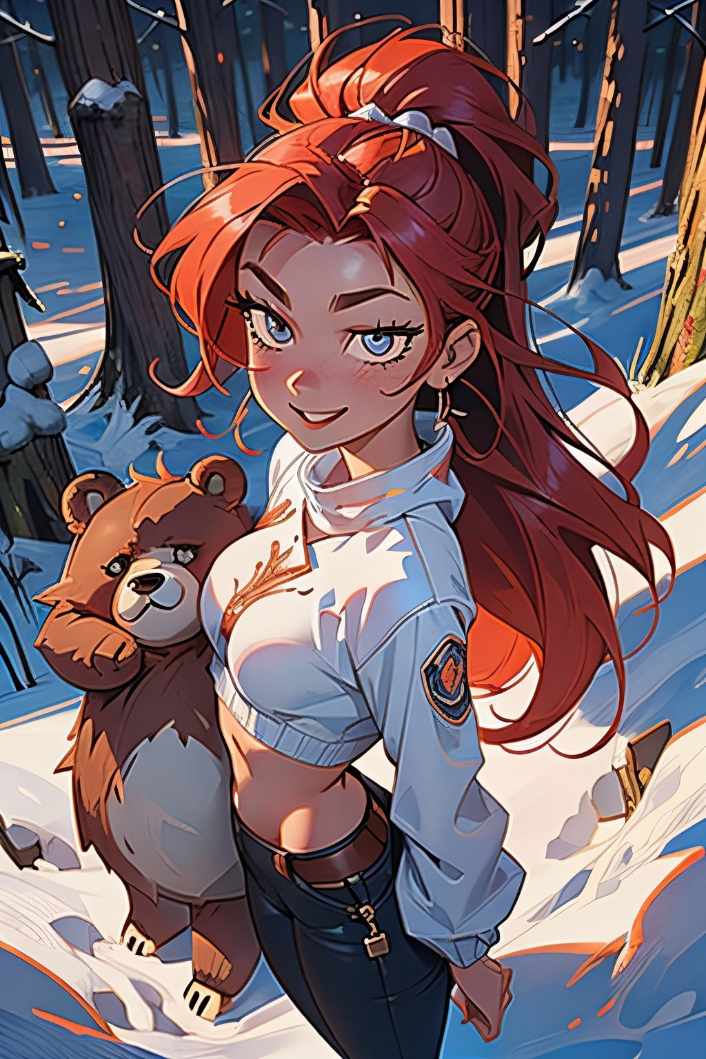 (viking warrior fighting with a big monster bear), 1girl, big coat, fluffy, winter clothes ,(scary, fear, red long hair, spiked hair), (wide hips, small breast, curvy:1.2), (very happy, smile:1), looking away, (from side, from above), looking_at_viewer, leaning forward, sfw,

(detailed ladscape, forest, snow, winter:1), (dynamic_angle:1), (dynamic_pose:1.2), 

(masterpiece:1.2), (best quality, highest quality), (ultra detailed), (8k, 4k, intricate), (Cowboy shot:1.2), (50mm), (highly detailed:1.2),(detailed face:1.2), detailed_eyes,(gradients),(ambient light:1.3),(cinematic composition:1),Accent Lighting,extremely detailed,original, highres,(perfect_anatomy:1.2),High detailed ,SAM YANG