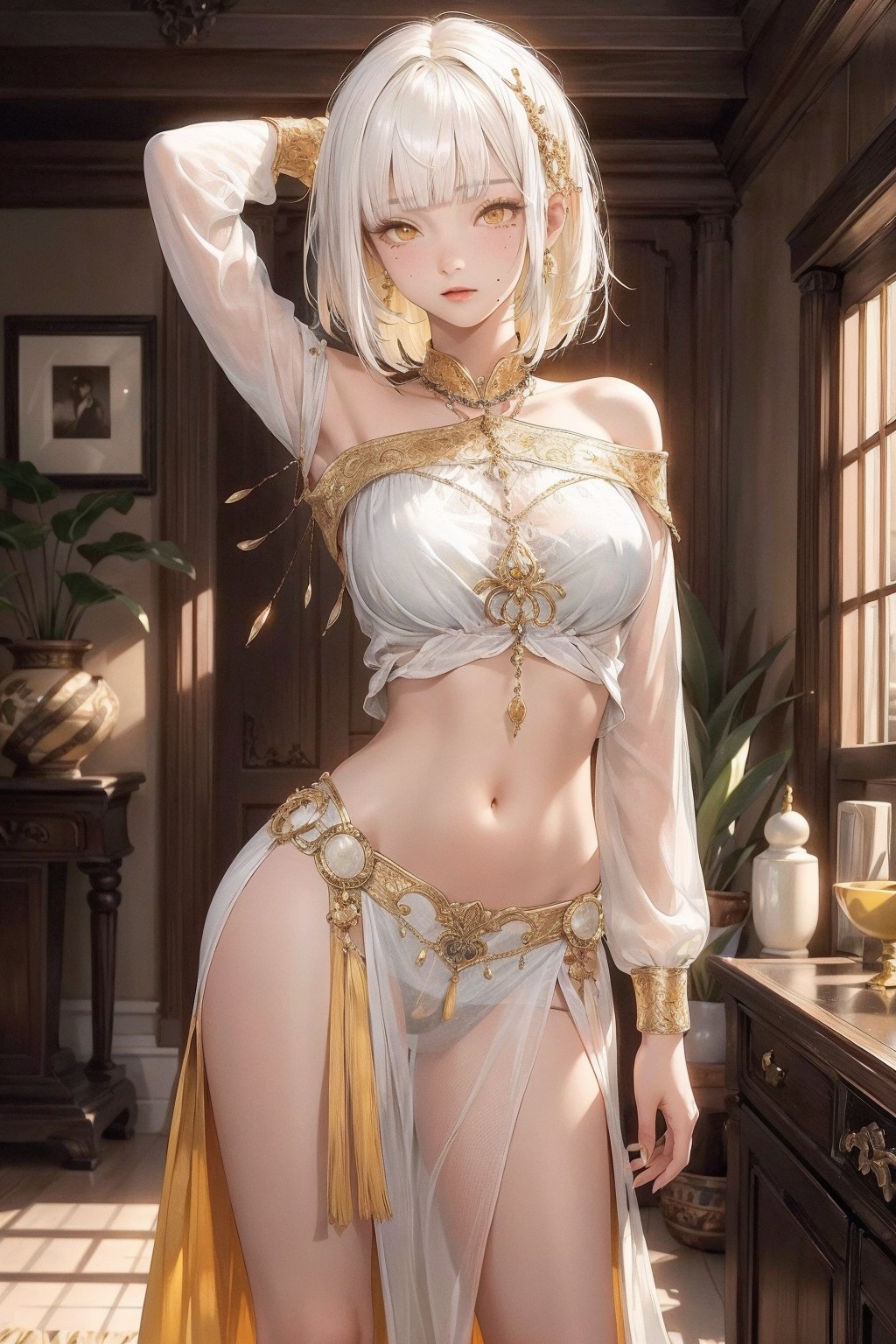 girl, single, tall image, looking at viewer, blush, fringe, highres, long hair, light erotic, standing, yellow eyes, white hair, indoors, blunt bangs, long sleeves, arm up, off shoulder, mole, ((pelvic curtain)),, navel, shirt