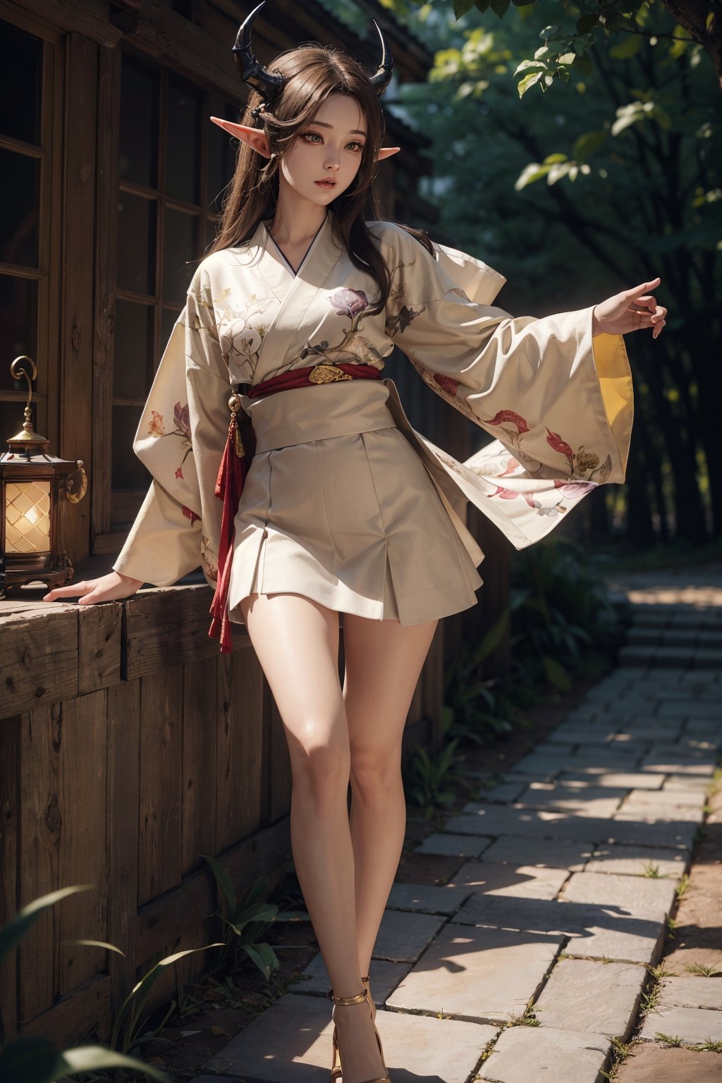 A girl with white skin, her hair straight long from dark brown to light brown from top to bottom, with elf ears and dragon horns, wearing a beige kimono skirt with a short skirt, and golden eyes, sakimichan, wlop, loish, artgerm, golden hour, 8k, soft lighting aesthetic, edge-to-edge print, volumetric lighting, action pose, extremely detailed natural texture, masterpiece, absurdres, depth of field, extremely detailed, amazing, fine detail, rich colors, dramatic lighting, unrealengine,