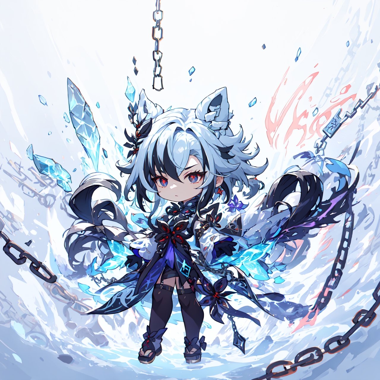 masterpiece, best quality, ultra-detailed, 1girl, hair (white, floating, long), detailed face , beautiful red eyes, a long minimalist white dress , light witch,  light particles, light rays, background (large chains as red as blood),midjourney,chibi,enna,x-shaped pupils, multicolored hair, black hair, symbol-shaped pupils,Arlecchino(genshin impact),Arlecchinodef