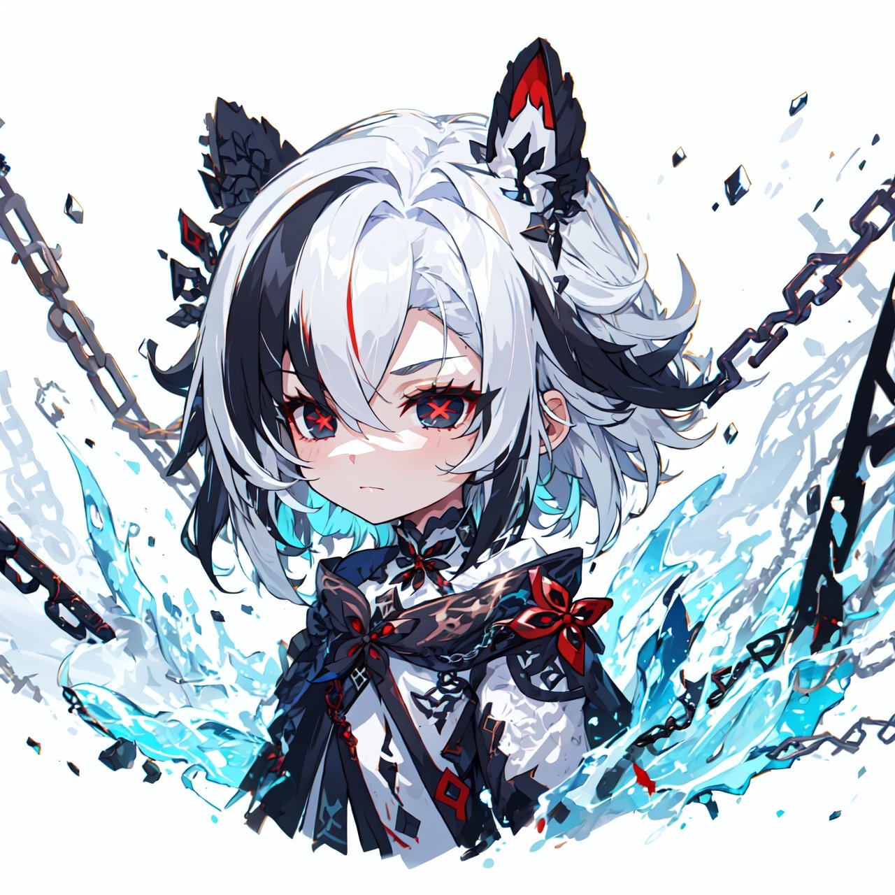 masterpiece, best quality, ultra-detailed, 1girl, hair (white, floating, long), detailed face , beautiful red eyes, a long minimalist white dress , light witch,  light particles, light rays, background (large chains as red as blood),midjourney,chibi,enna,x-shaped pupils, multicolored hair, black hair, symbol-shaped pupils,Arlecchino(genshin impact), (((x shaped pupils))), 1girl, solo, black hair, ((multicolored hair)), red pupils, (((x-shaped pupils))), symbol-shaped pupils, short hair, ((white hair)), hair between eyes, streaked hair