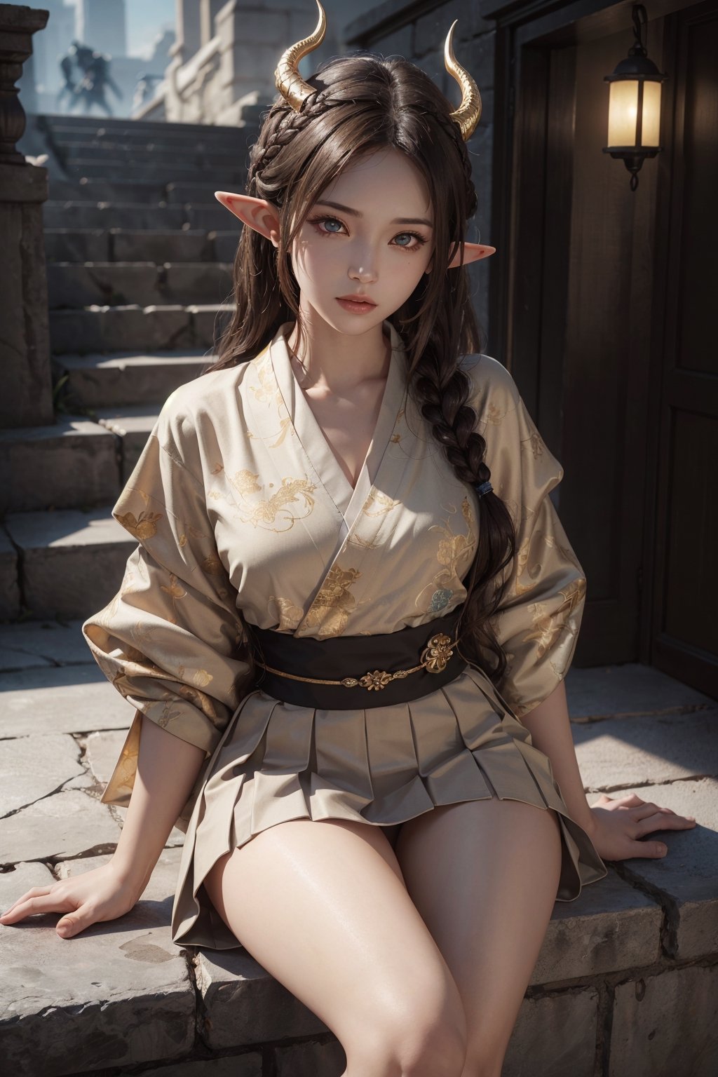 A girl with white skin, her hair straight long from dark brown to light brown from top to bottom, with elf ears and dragon horns, wearing a beige kimono skirt with a short skirt, and golden eyes, sakimichan, wlop, loish, artgerm, golden hour, 8k, soft lighting aesthetic, edge-to-edge print, volumetric lighting, action pose, extremely detailed natural texture, masterpiece, absurdres, depth of field, extremely detailed, amazing, fine detail, rich colors, dramatic lighting, unrealengine,