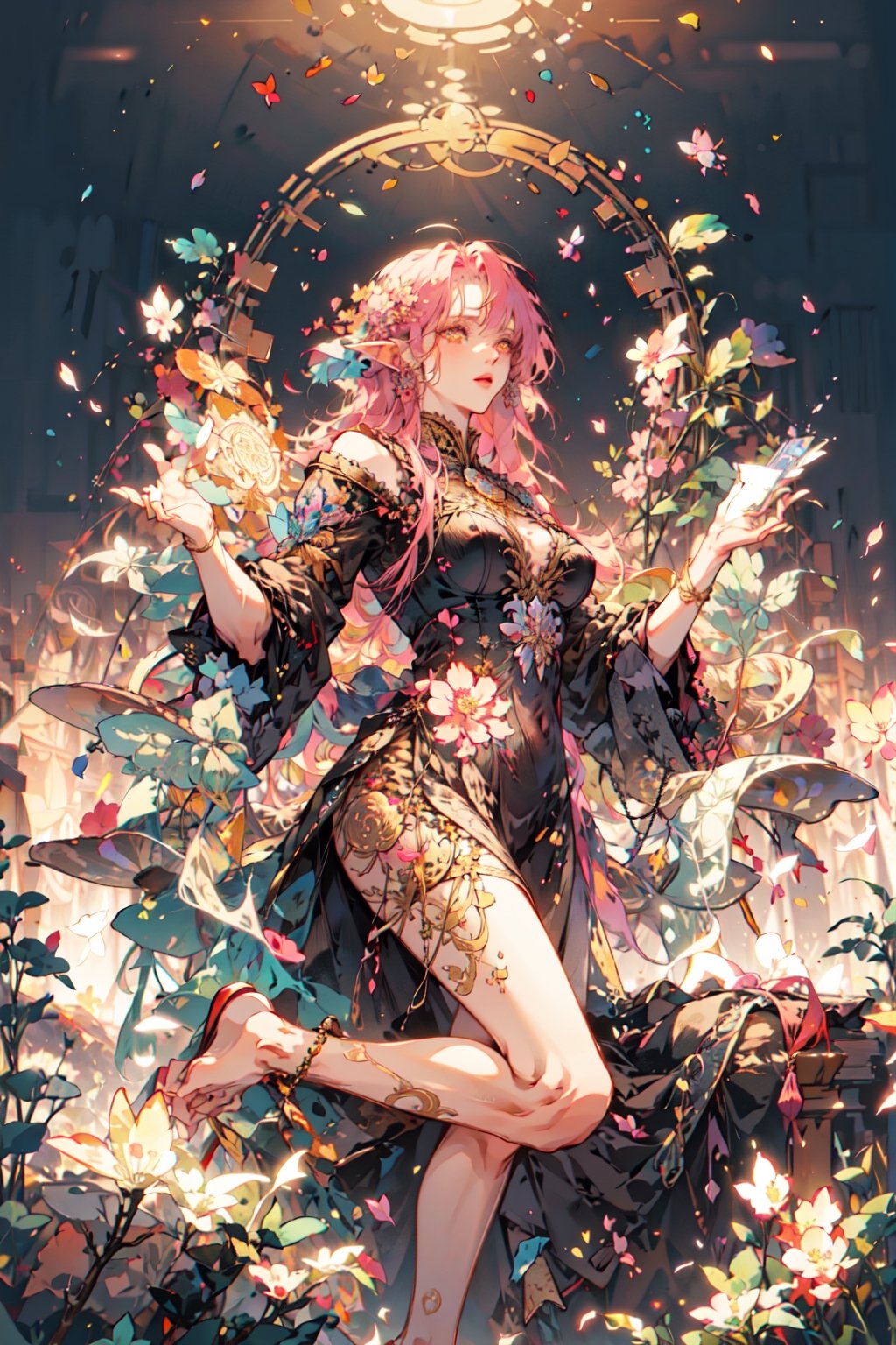 masterpiece, best quality, official art, aesthetic, 1girl, detailed background, isometric, art nouveau, snowflakes, fractal art,asian girl,realhands,AI_Misaki, (zentangle, mandala, tangle, entangle) ,(psychedelia, flower, tapestries, ethereal), holy light,gold foil,gold leaf art,glitter drawing