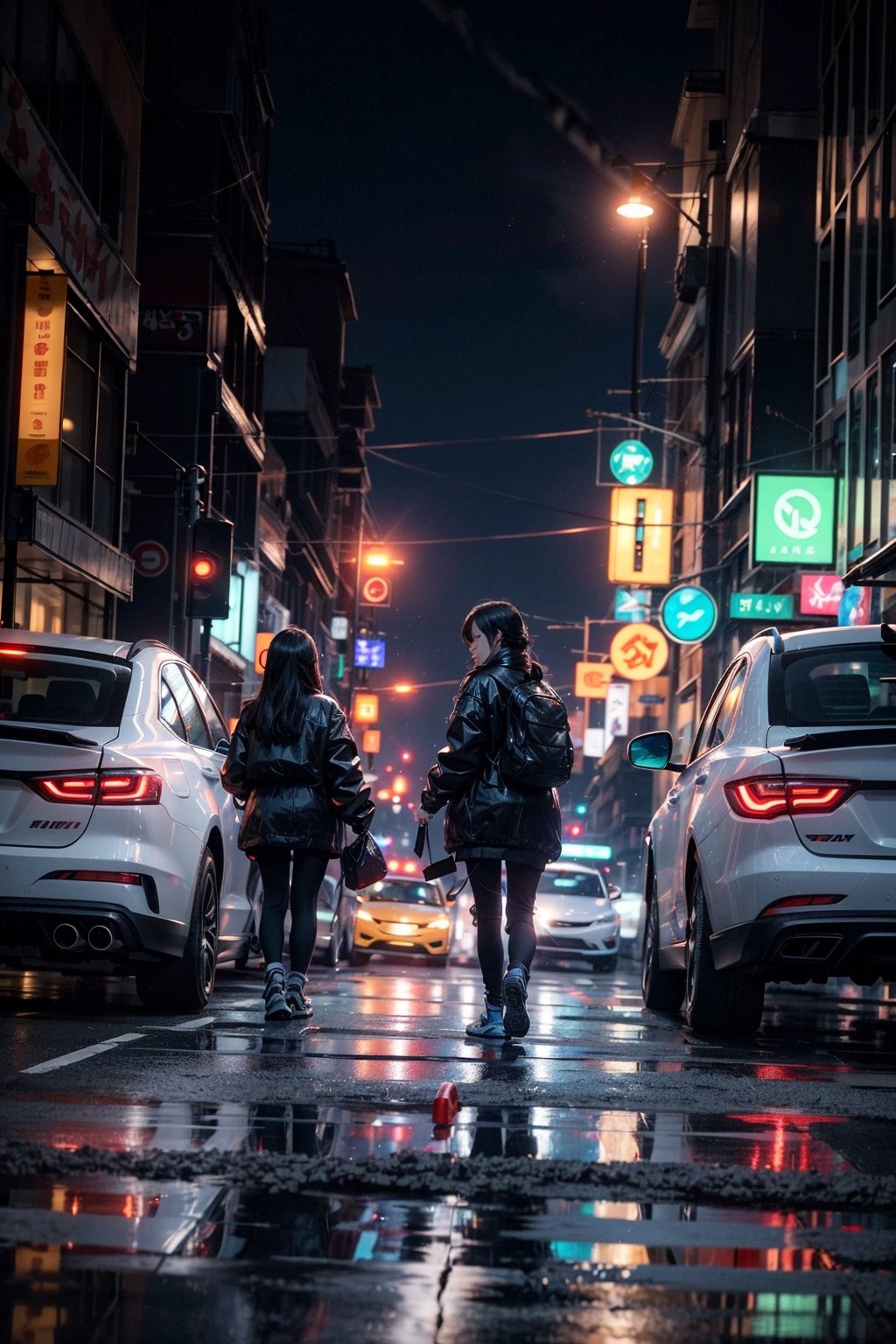 anime 1girl, walking, neon street, people in background, blurry cars and buildings,cars moving so fast that they leaves a light trail that is blurry,city is futuristic cyberounk night city,smoke,electronics,glow,lights
