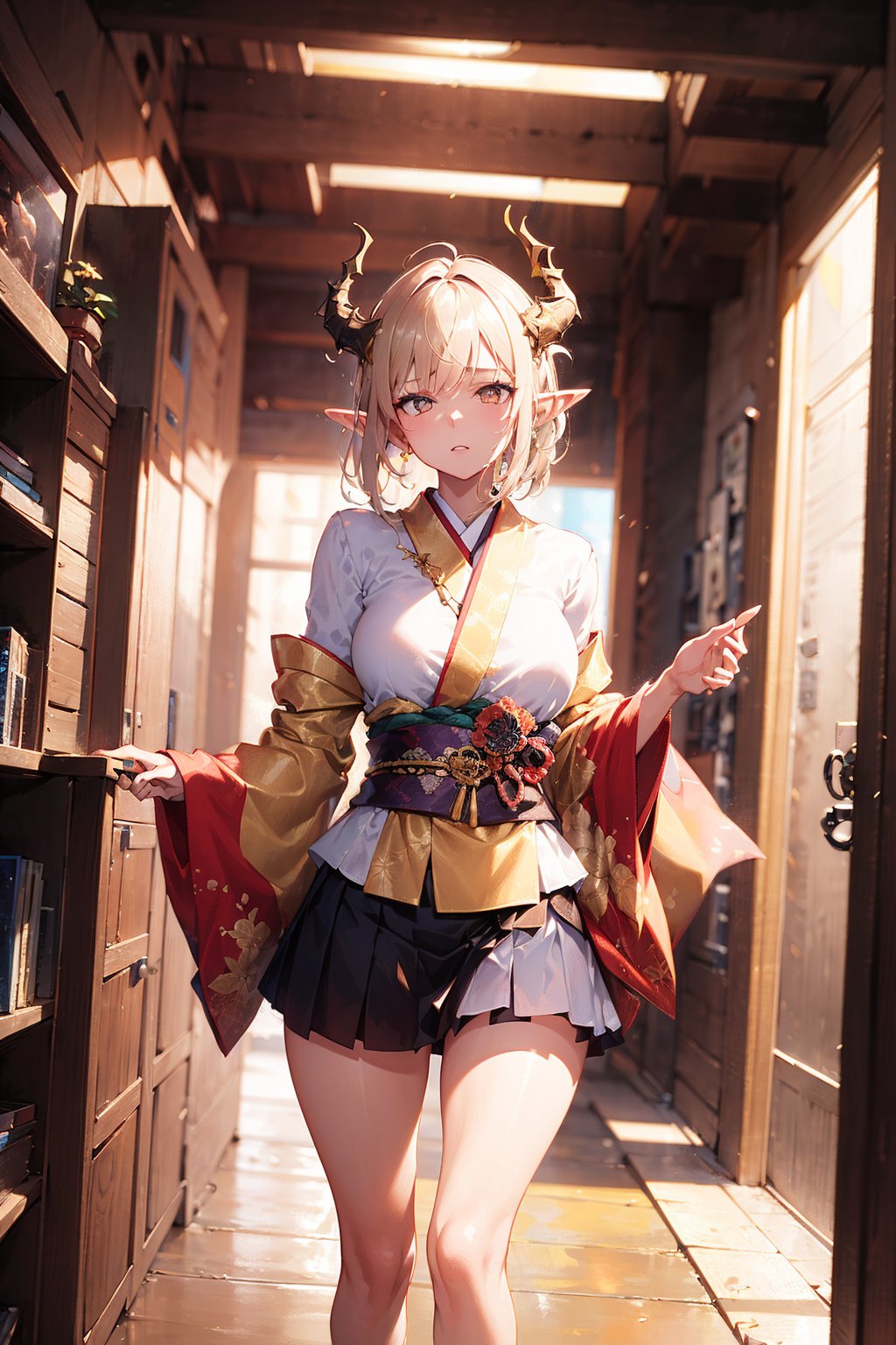 A girl with white skin, her hair straight long from dark brown to light brown from top to bottom, with elf ears and dragon horns, wearing a beige kimono skirt with a short skirt, and golden eyes, sakimichan, wlop, loish, artgerm, golden hour, 8k, soft lighting aesthetic, edge-to-edge print, volumetric lighting, action pose, extremely detailed natural texture, masterpiece, absurdres, depth of field, extremely detailed, amazing, fine detail, rich colors, dramatic lighting, unrealengine,