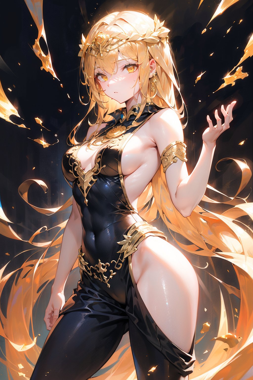 Queen marika,queen marika from elden ring,beautiful figure,tall,long golden hair,golden eyes,side_boobs,Goddess,gold detailed,small breasts,sleeveless,black clothes,greek goddess,skimpy,golden ratio,long clothes,hips,.
, (hyperdetailed:1.3),YAMATO,niji