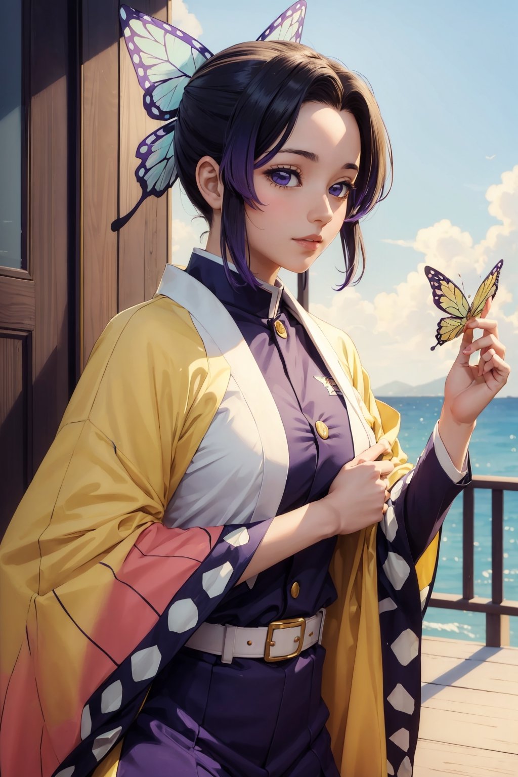 ((Masterpiece)),highly detailed,1_girl,beautiful,wearing lakers uniform,yellow uniform,kochou shinobu