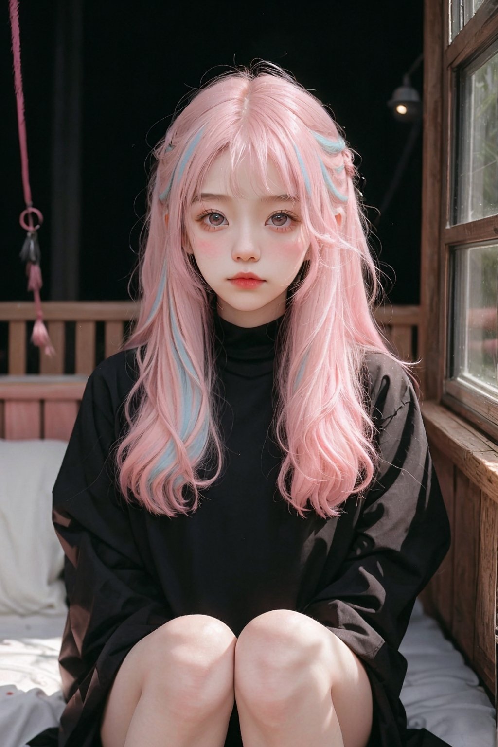 A little girl aged 5-8, with a dreamy background scene, black clothes, light pink hair