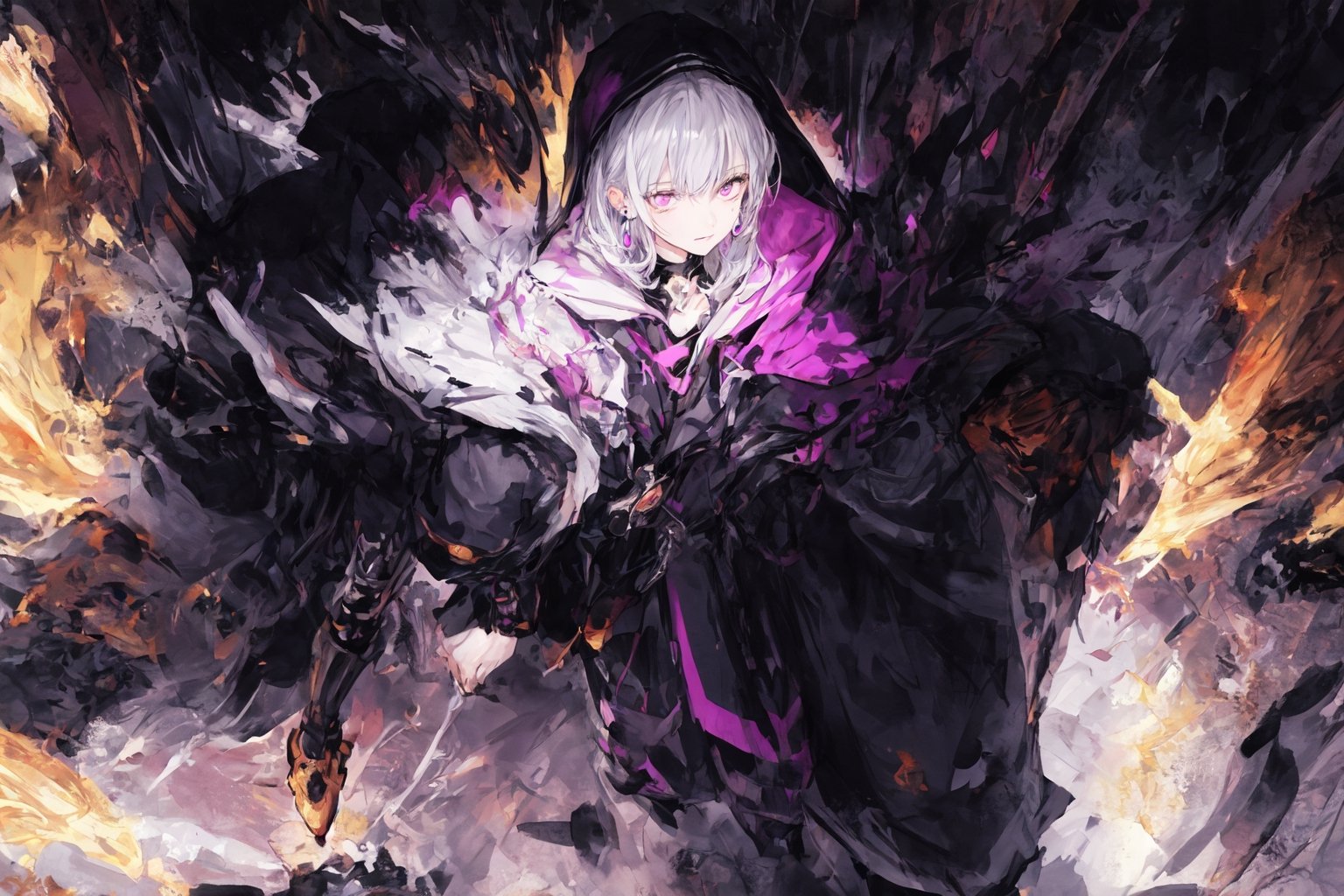 Official Art, Unity 8K Wallpaper, Extreme Detailed, Beautiful and Aesthetic, Masterpiece, Top Quality, perfect anatomy, 

solo, looking at viewer, short hair, bangs, long sleeves, 1boy, jewelry, closed mouth, standing, purple eyes, jacket, full body, white hair, multicolored hair, earrings, pants, hood, pink eyes, black footwear, coat, sleeves past wrists, from above, hood down, magenta theme, candy rain, 

a beautifully drawn (((ink illustration))) depicting, vintage, purple and yellow accents, watercolor painting, concept art, (best illustration), (best shadow), Analog Color Theme, vivid colours, contrast, smooth, sharp focus, scenery, 

(Pencil_Sketch:1.2,masterpiece, midjourney, best quality, incredibly absurdres, messy lines,high detail eyes,More Detail,perfect light,portrait, 