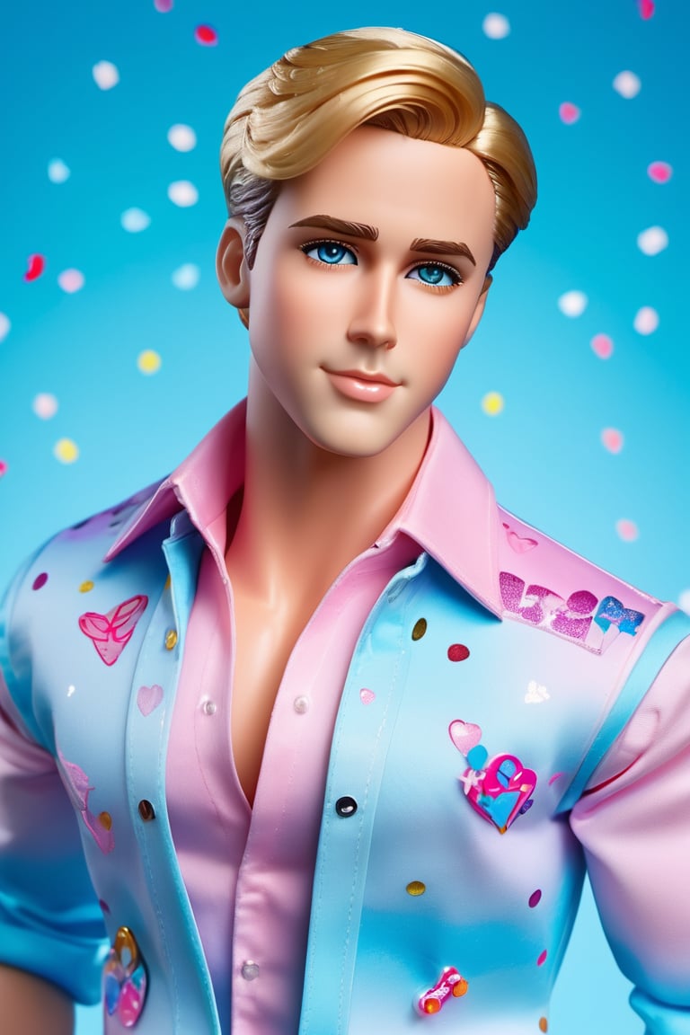 Ultra high resolution, high resolution, (masterpiece), hyper-detail, 1boy, inboxDollPlaySetQuiron style, full body, no humans, doll, toy, barbie's ken with face of johnTravolta, in a gift box, character print, blonde hair, middle length hair, light blue eyes, sprinkles, barbie color theme, handsome male barbie, full lips, parted_lips, heavy make-up, smoky eyes, detailed eyes, pretty face, 3DMM, inboxDollPlaySetQuiron style,(ryan gosling),