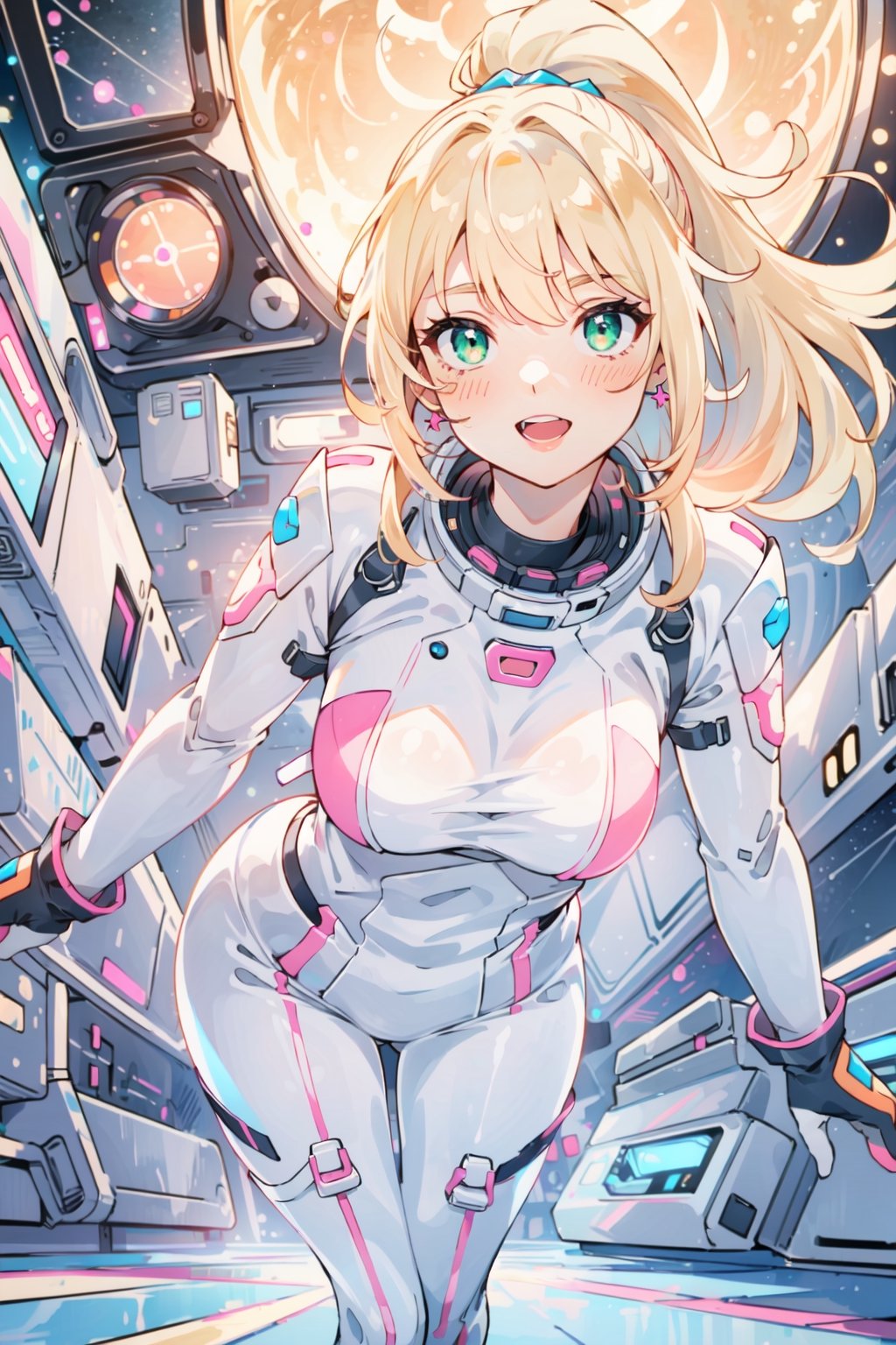 (((erotic), elegant, neon), bodysuit, futuristic), orbital, athletic, full body,

blush, happy, (green_eyes), blonde_ponytail, lipstick, gloves, chocker,

(outer_space), stars, light_particles,

white, orange, pink, violet, red, purple, lime, porcelain, azure, (enhanced colors, colorful), bokeh, 35mm-lens, glowing light, neon illumination,

(((masterpiece, best quality, perfect visual, ultra detailed), 8K, HDR, sharp image, professional artwork)),