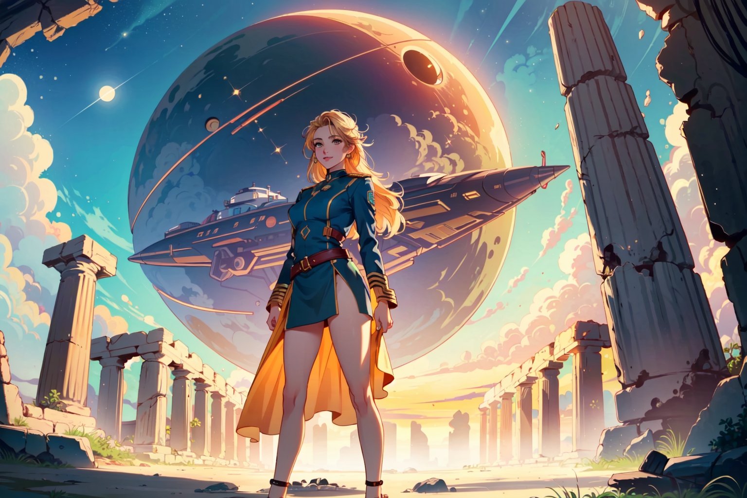(((spaceship, futuristic, russian), ocean, captain_uniform), intricate, exquisite, aesthetic),

((highleg, hips), anklet, armlet, green_eyes), chocker, smile, blonde_long_hair, lipstick, female_solo,

((greek_ruins, beach), sky, mountainsб full_eclipse), stars, [clouds]

((colors violet / yellow / red / orange / indigo, colors enhanced), outline, light_particles), dreamy glow, warm light, bokeh, 35mm-lens,

((((masterpiece, best quality, perfect visual), super detailed), sharp image, professional artwork), 8K, HDR),