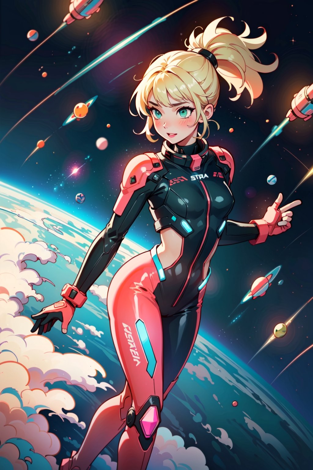 (((erotic), elegant, neon), bodysuit, futuristic), orbital, athletic, full body,

blush, happy, (green_eyes), blonde_ponytail, lipstick, gloves, chocker,

(outer_space), stars, light_particles,

white, orange, pink, violet, red, purple, lime, porcelain, azure, (enhanced colors, colorful), bokeh, 35mm-lens, glowing light, neon illumination,

(((masterpiece, best quality, perfect visual, ultra detailed), 8K, HDR, sharp image, professional artwork)),