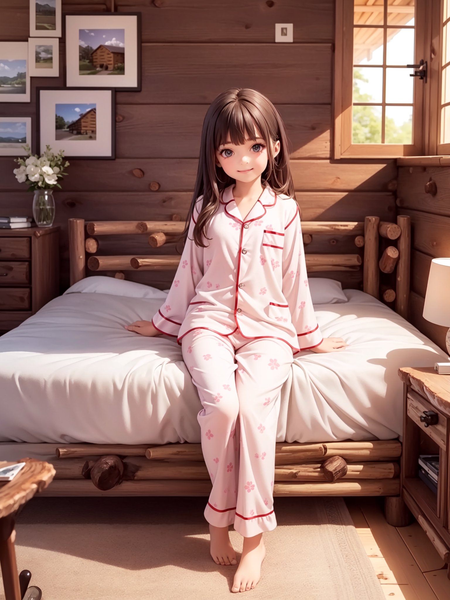 ((6 year old girl: 1.5)), 1 girl, loli, petite girl, complete anatomy, whole body, child's body, child, super cute, girl, little girl, beautiful girl, beautiful shining body, bangs, brown hair, back high eyes, (aquamarine eyes), droopy eyes, petite, tall eyes, beautiful girl with beautiful details, beautiful delicate eyes, detailed face, beautiful eyes, beautiful shining body, smile, happiness, full body angle, old days House in the American West,  Inside the Room,  Fireplace,
((Realism: 1.2)), Dynamic long shots, Cinematic lighting, Perfect composition, Highly detailed, Official art, Masterpiece by Sumic.mic, (Top quality: 1.3), Reflections, Highly detailed CG Unity 8k Wallpaper, Detailed Background, Masterpiece , Best Quality, (Masterpiece), (Best Quality: 1.4), (Ultra High Resolution: 1.2), (Hyper Realistic: 1.4), (Photorealistic: 1.1), Best quality, high quality, high resolution, detail emphasis,((Log house room: 1.4)),masterpiece,((pajama:1.4)), on the bed