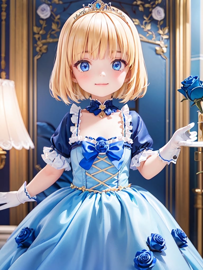 ((12year old girl:1.5)),1girl, loli, petite girl, Portrait, children's body, beautiful shining body, bangs,((blonde hair:1.3)),high eyes,(blue eyes), petite,tall eyes, beautiful girl with fine details, Beautiful and delicate eyes, detailed face, Beautiful eyes,((golden tiara with sapphire decoration)),((light blue gothic lolita ball gown:1.4)),((long skirt:1.7)),(( white neck ruffle, white frill)),((white tights)), blue shoes, ((white gloves with gold decoration)), natural light,((realism: 1.2 )), dynamic far view shot,cinematic lighting, perfect composition, by sumic.mic, ultra detailed, official art, masterpiece, (best quality:1.3), reflections, extremely detailed cg unity 8k wallpaper, detailed background, masterpiece, best quality , (masterpiece), (best quality:1.4), (ultra highres:1.2), (hyperrealistic:1.4), (photorealistic:1.2), best quality, high quality, highres, (short hair:1.4)),((tareme,animated eyes, big eyes,droopy eyes:1.2)),((cherry tree,cherry blossoms1.4)),((tsurime,v-shaped eyebrows,smirk:1.2)),,perfect,hand,animemia,outdoor,((Detailed rose, rose background, blue rose: 1.4))