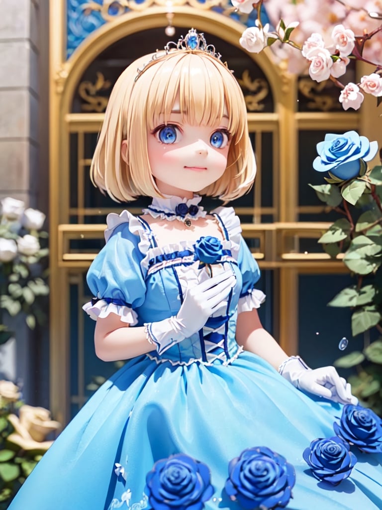 ((12year old girl:1.5)),1girl, loli, petite girl, Portrait, children's body, beautiful shining body, bangs,((blonde hair:1.3)),high eyes,(blue eyes), petite,tall eyes, beautiful girl with fine details, Beautiful and delicate eyes, detailed face, Beautiful eyes,((golden tiara with sapphire decoration)),((light blue gothic lolita ball gown:1.4)),((long skirt:1.7)),(( white neck ruffle, white frill)),((white tights)), blue shoes, ((white gloves with gold decoration)), natural light,((realism: 1.2 )), dynamic far view shot,cinematic lighting, perfect composition, by sumic.mic, ultra detailed, official art, masterpiece, (best quality:1.3), reflections, extremely detailed cg unity 8k wallpaper, detailed background, masterpiece, best quality , (masterpiece), (best quality:1.4), (ultra highres:1.2), (hyperrealistic:1.4), (photorealistic:1.2), best quality, high quality, highres, (short hair:1.4)),((tareme,animated eyes, big eyes,droopy eyes:1.2)),((cherry tree,cherry blossoms1.4)),((tsurime,v-shaped eyebrows,smirk:1.2)),,perfect,hand,animemia,outdoor,((Detailed rose, rose background, blue rose: 1.4))