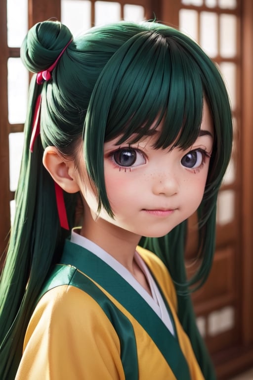 ((6year old girl:1.5)), loli, petite girl, Portrait, children's body, beautiful shining body, (( bangs)),high eyes,(brown eyes:1.4), petite,tall eyes, beautiful girl with fine details, Beautiful and delicate eyes, detailed face, Beautiful eyes,natural light,((realism: 1.2 )), dynamic far view shot,cinematic lighting, perfect composition, by sumic.mic, ultra detailed, official art, masterpiece, (best quality:1.3), reflections, extremely detailed cg unity 8k wallpaper, detailed background, masterpiece, best quality , (masterpiece), (best quality:1.4), (ultra highres:1.2), (hyperrealistic:1.4), (photorealistic:1.2), best quality, high quality, highres, detail enhancement, ((long hair:1.4)),
((tareme,animated eyes, big eyes,droopy eyes:1.2)),deformed Anime ,smirk,
1girl hair ribbon hair ornament, hanfu green shirt wide sleeves red skirt long skirt ,  indoors, east asian architecture,((hair ribbon hair ornament,bun)),((Portrait)),maomao,((Dark green hair:1.4)),
shangfu,lady in waiting,jinshi,[[[freckles]]]
