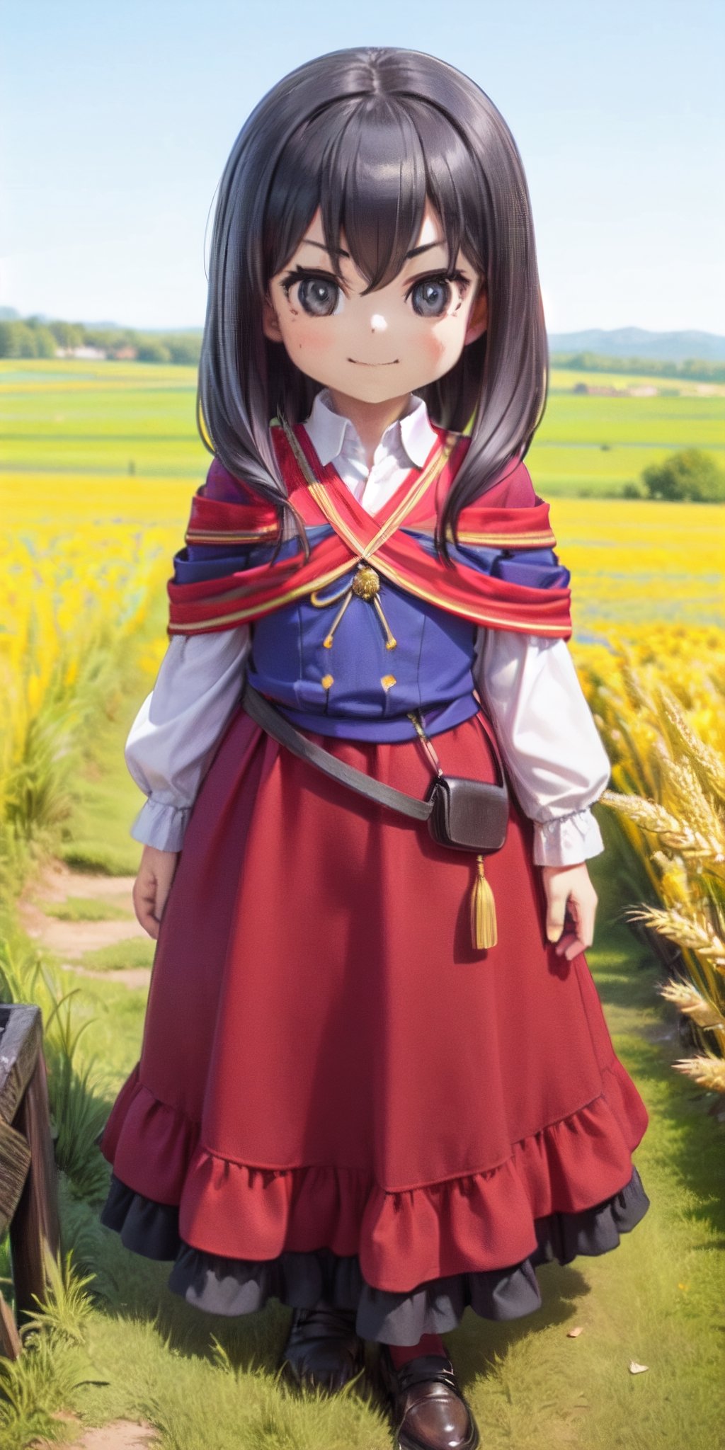 ((12year old girl:1.5)), black hair, short hair,complete anatomy, , little girl, random poses,random angles, wheat field, golden wheat field, embroidery,((long dress:1.4)),  folk costumes,  beautiful girl, 1 girl, petite girl, top quality, masterpiece,(realism: 1.2)), petite, bangs,(black eyes),bangs, beautiful girl with fine details, Beautiful and delicate eyes, Beautiful girl, detailed face, Beautiful eyes, beautiful shining body, 8K images, wind-blown wheat fields,((Portrait:1.2)),Pose walking through a wheat field,Realism, shining wheat field,kaoru,((tsurime,v-shaped eyebrows,smirk:1.1)),full body,brown shoes