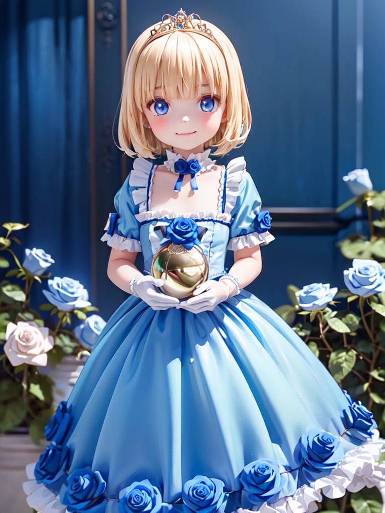 ((12year old girl:1.5)),1girl, loli, petite girl, Portrait, children's body, beautiful shining body, bangs,((blonde hair:1.3)),high eyes,(blue eyes), petite,tall eyes, beautiful girl with fine details, Beautiful and delicate eyes, detailed face, Beautiful eyes,((golden tiara with sapphire decoration)),((light blue gothic lolita ball gown:1.4)),((long skirt:1.7)),(( white neck ruffle, white frill)),((white tights)), blue shoes, ((white gloves with gold decoration)), natural light,((realism: 1.2 )), dynamic far view shot,cinematic lighting, perfect composition, by sumic.mic, ultra detailed, official art, masterpiece, (best quality:1.3), reflections, extremely detailed cg unity 8k wallpaper, detailed background, masterpiece, best quality , (masterpiece), (best quality:1.4), (ultra highres:1.2), (hyperrealistic:1.4), (photorealistic:1.2), best quality, high quality, highres, (short hair:1.4)),((tareme,animated eyes, big eyes,droopy eyes:1.2)),((cherry tree,cherry blossoms1.4)),((tsurime,v-shaped eyebrows,smirk:1.2)),,perfect,hand,animemia,outdoor,((Detailed rose, rose background, blue rose: 1.4))