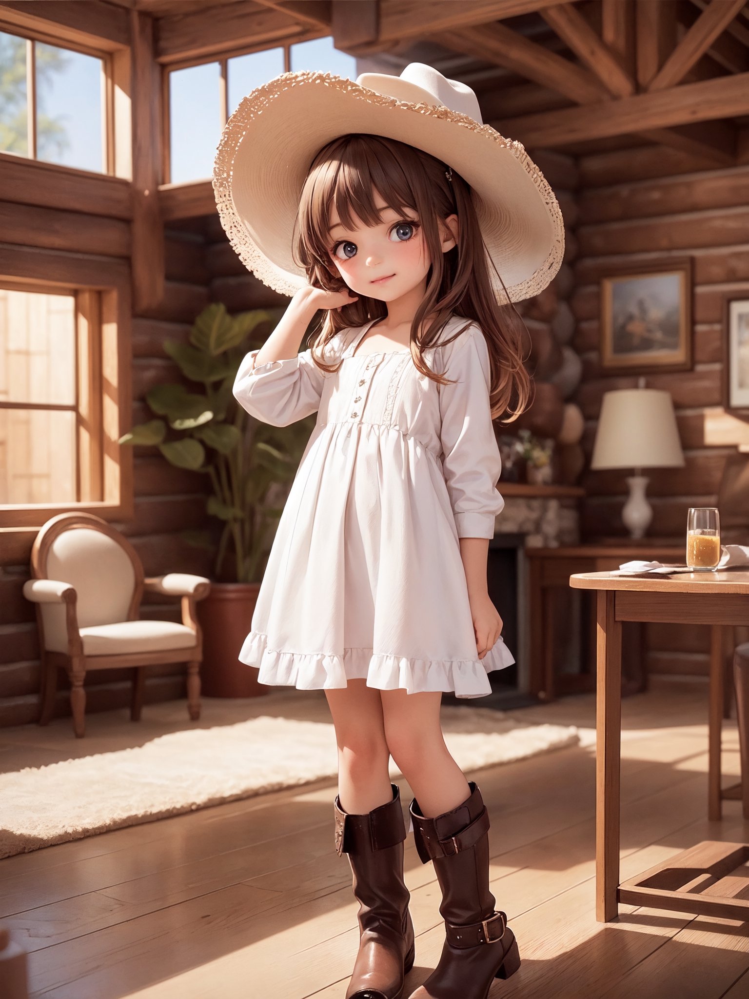 ((6 year old girl: 1.5)), 1 girl, loli, petite girl, complete anatomy, whole body, child's body, child, super cute, girl, little girl, beautiful girl, beautiful shining body, bangs, brown hair, back high eyes, (aquamarine eyes), droopy eyes, petite, tall eyes, beautiful girl with beautiful details, beautiful delicate eyes, detailed face, beautiful eyes, beautiful shining body, smile, happiness, full body angle, old days House in the American West,  Inside the Room,  Fireplace, ((western boots, Cowboy Hat: 1.5)),black belt,
((Realism: 1.2)), Dynamic long shots, Cinematic lighting, Perfect composition, Highly detailed, Official art, Masterpiece by Sumic.mic, (Top quality: 1.3), Reflections, Highly detailed CG Unity 8k Wallpaper, Detailed Background, Masterpiece , Best Quality, (Masterpiece), (Best Quality: 1.4), (Ultra High Resolution: 1.2), (Hyper Realistic: 1.4), (Photorealistic: 1.1), Best quality, high quality, high resolution, detail emphasis,((Log house room: 1.4)),masterpiece